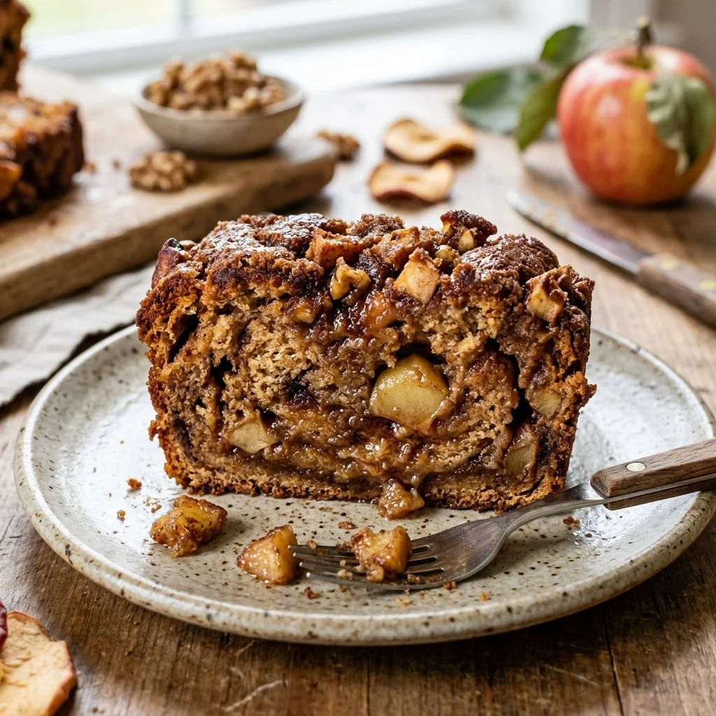 Freshly baked Apple Cinnamon Bread with slices and cinnamon sticks
