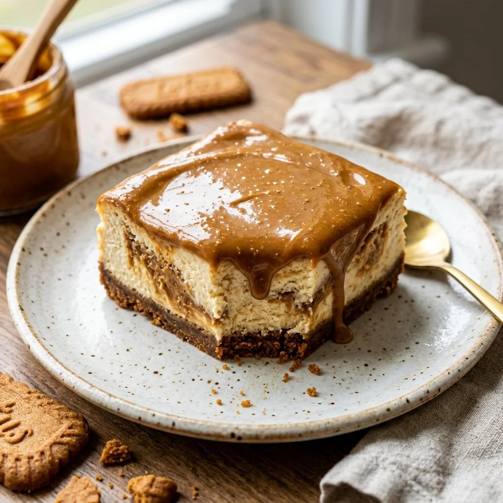 Delicious Biscoff Cheesecake with caramel drizzle and cookie crumb crust