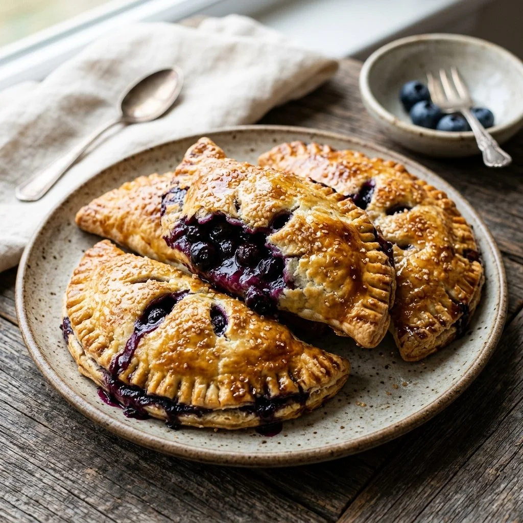 Delicious blueberry hand pie on a plate with fresh blueberries