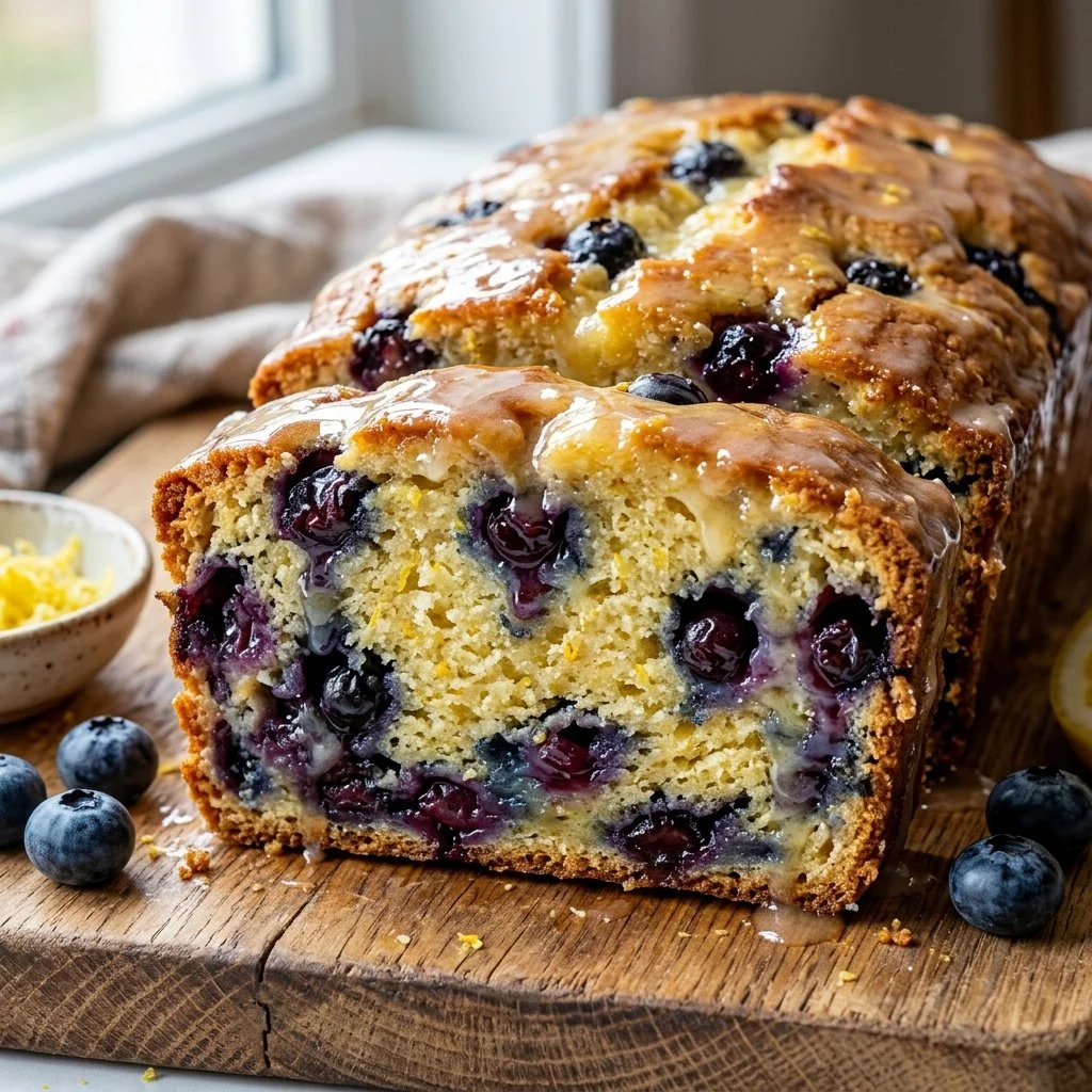 Sliced blueberry lemon bread on a wooden board with fresh blueberries