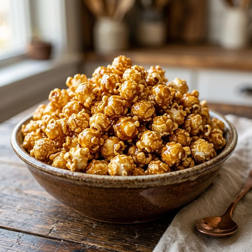 Delicious caramel corn in a bowl, ideal for movie nights and celebrations.