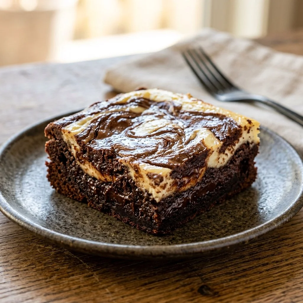 Delicious cheesecake brownies topped with creamy cheesecake swirl