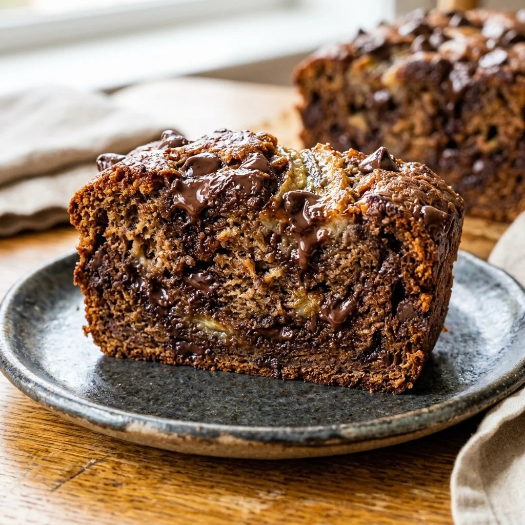 Delicious slice of chocolate chip banana bread on a plate