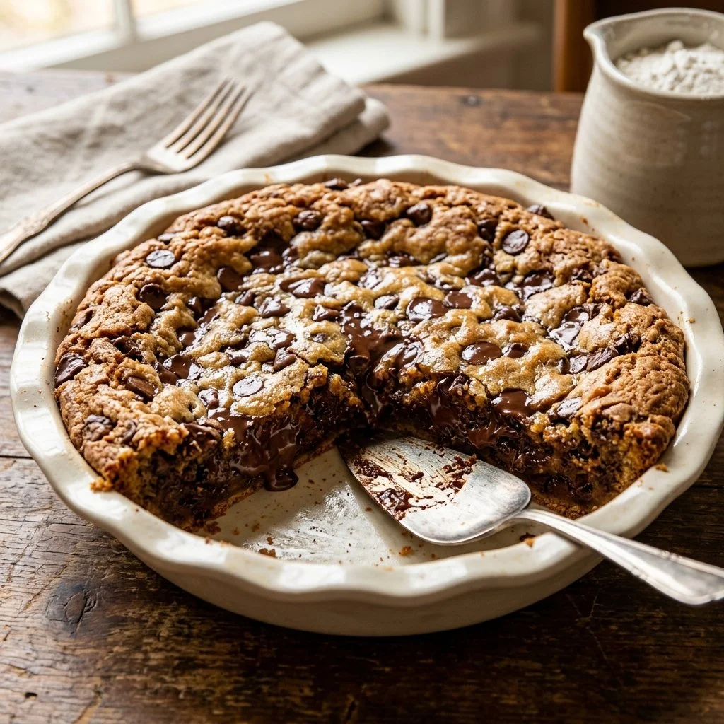 Delicious Chocolate Chip Cookie Pie served with chocolate drizzle