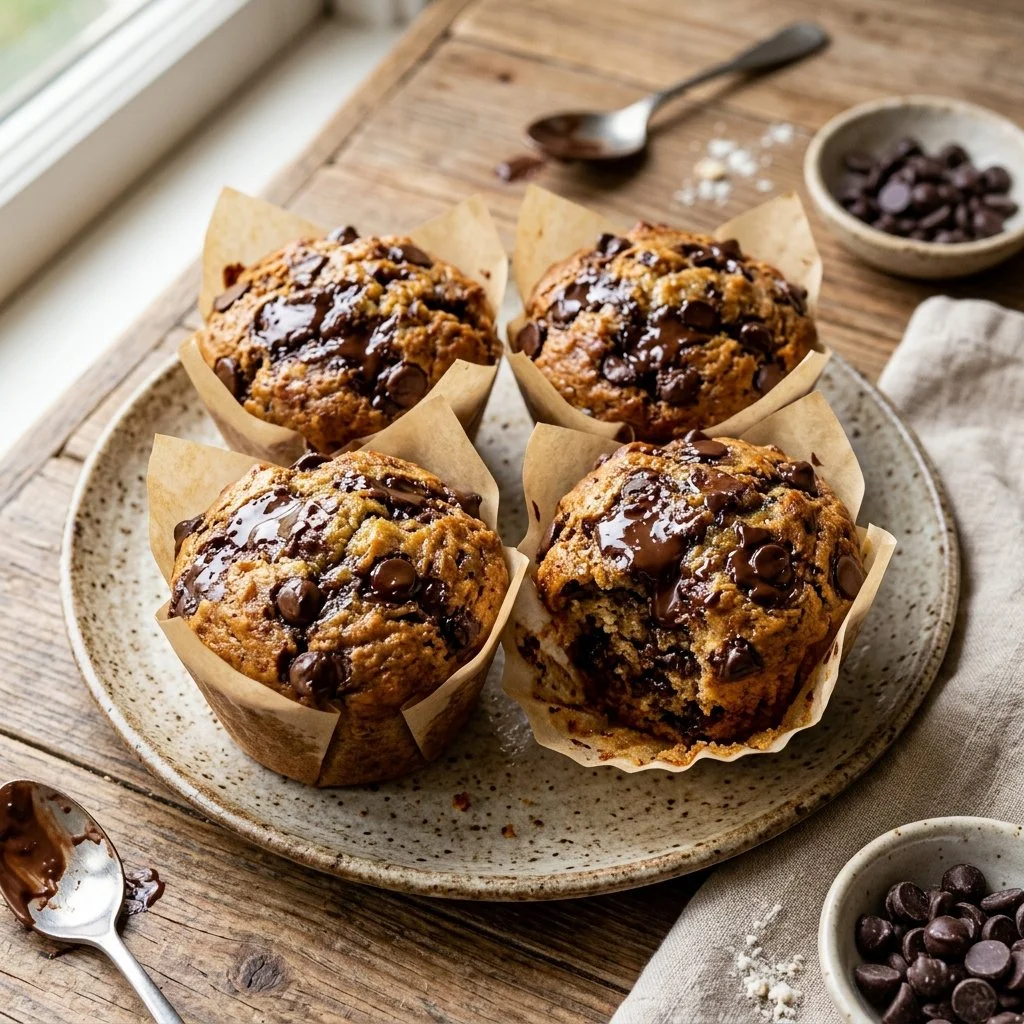 Freshly baked chocolate chip muffins on a wooden table.