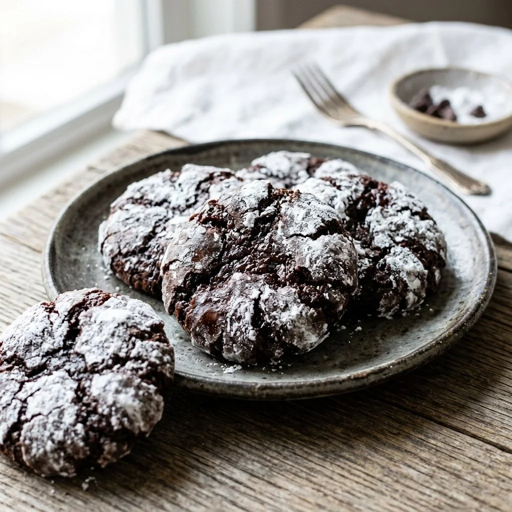 Delicious homemade Chocolate Crinkle Cookies with a cracked surface.
