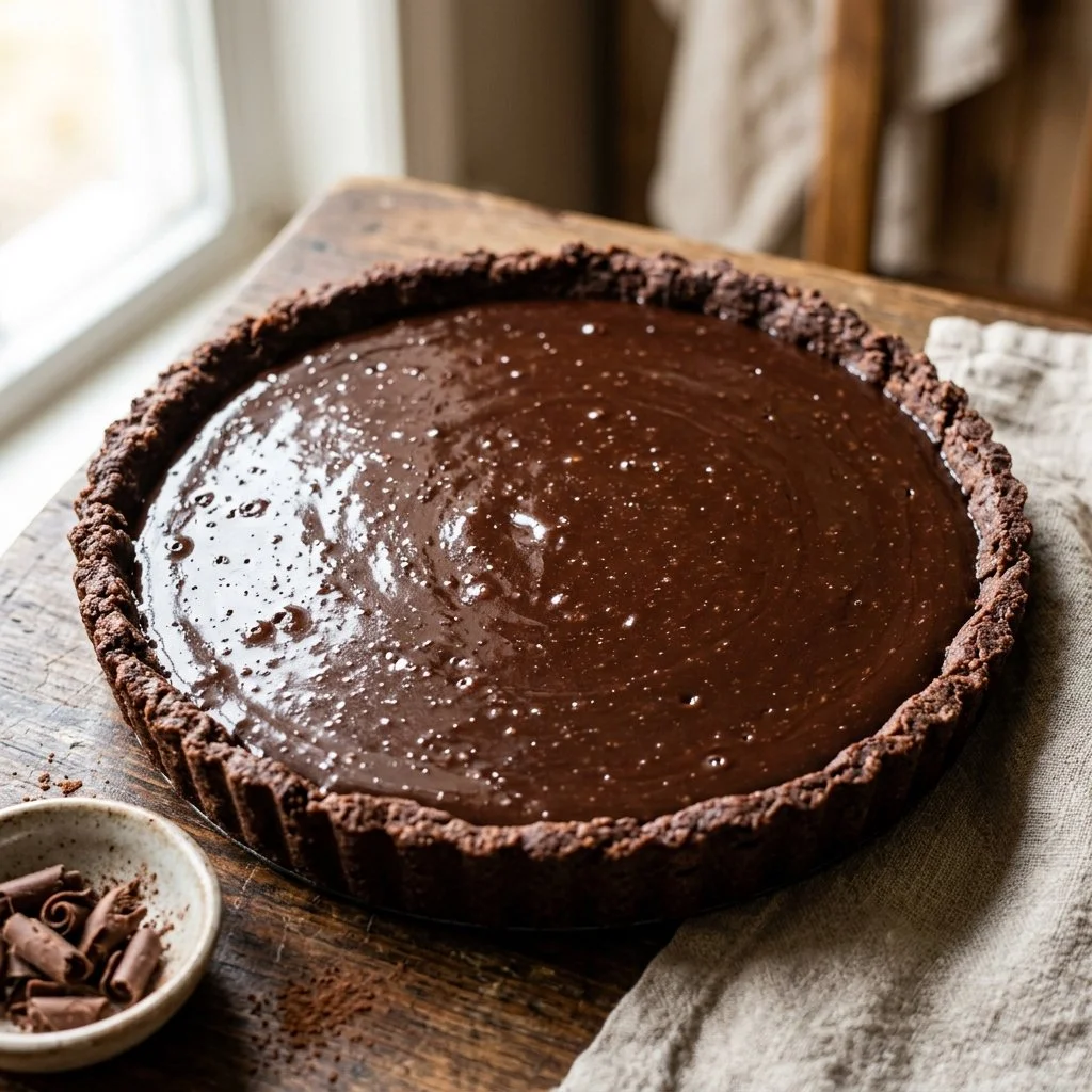 Decadent Chocolate Ganache Tart garnished with fresh fruits and chocolate shavings