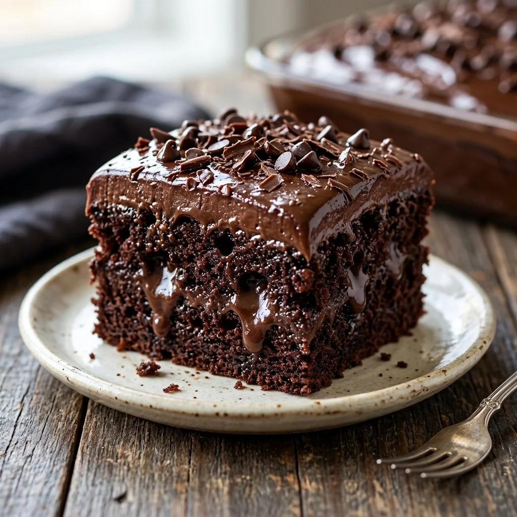 Delicious Chocolate Poke Cake topped with chocolate frosting and sprinkles