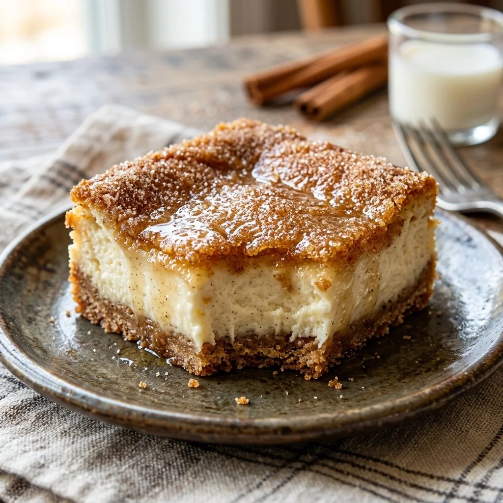 Delicious churro cheesecake bars topped with cinnamon sugar and caramel drizzles.