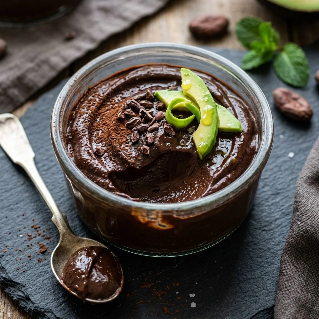 Delicious Cocoa Avocado Mousse served in a small bowl topped with cocoa powder and mint.
