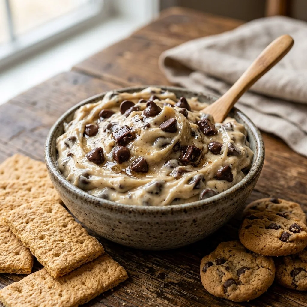 Delicious homemade Cookie Dough Dip served with graham crackers