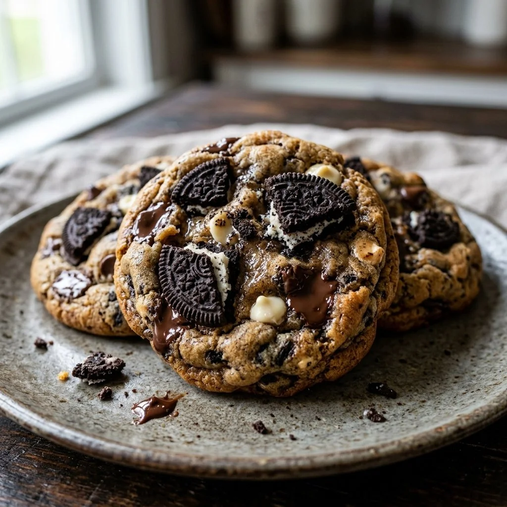 Delicious homemade cookies and cream cookies with chocolate and cream filling