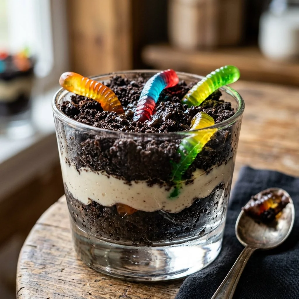 Delicious dirt pudding dessert with chocolate and gummy worms