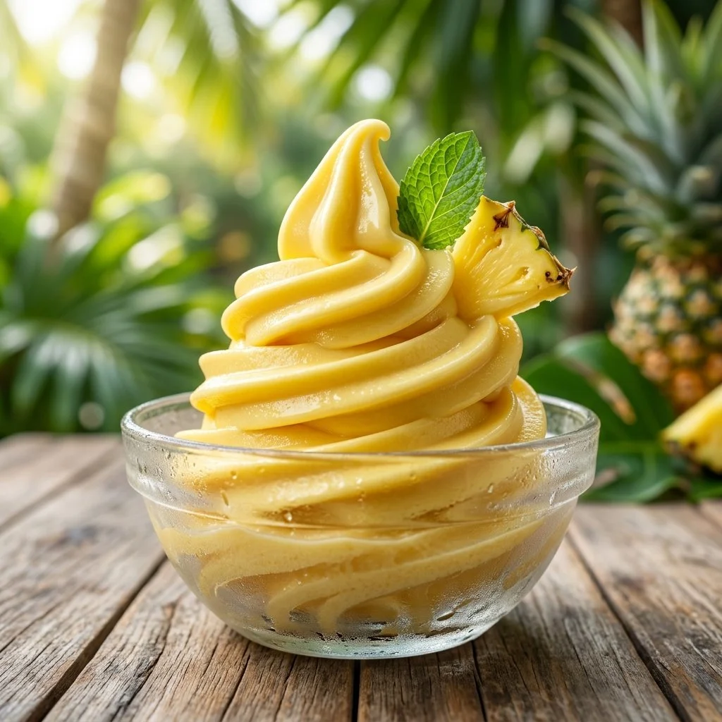 Delicious Dole Whip Pineapple Dessert served in a bowl with a tropical garnish