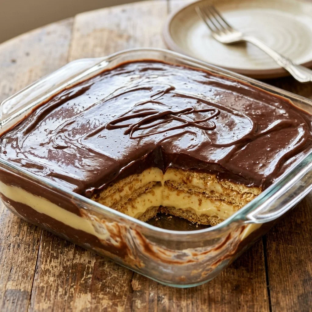 Delicious homemade Eclair Cake with cream filling and chocolate topping