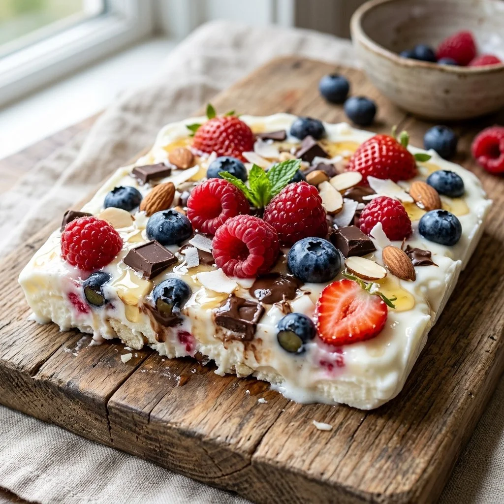 Delicious homemade frozen yogurt bark topped with fruits and nuts
