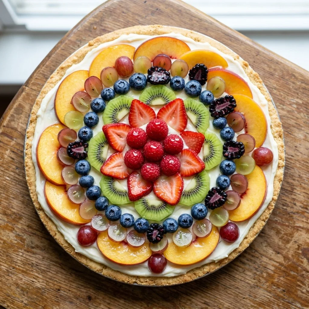 Delicious fruit pizza topped with vibrant fruits and creamy frosting on a crust.