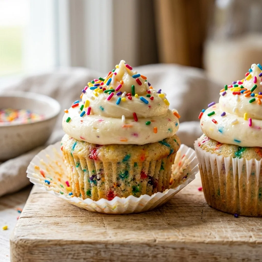 Colorful Funfetti Cupcakes topped with sprinkles and frosting.