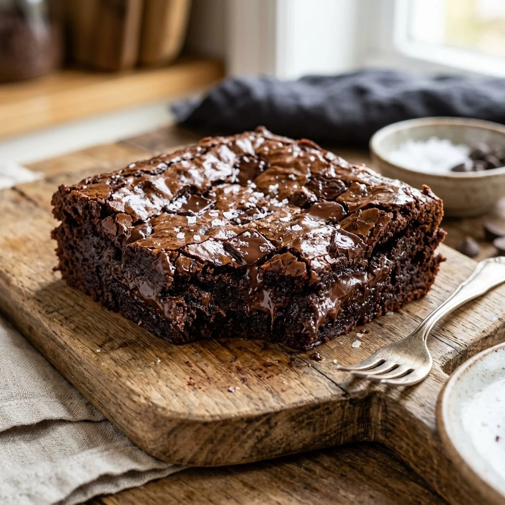 Homemade gluten free brownies on a wooden table with chocolate drizzle.