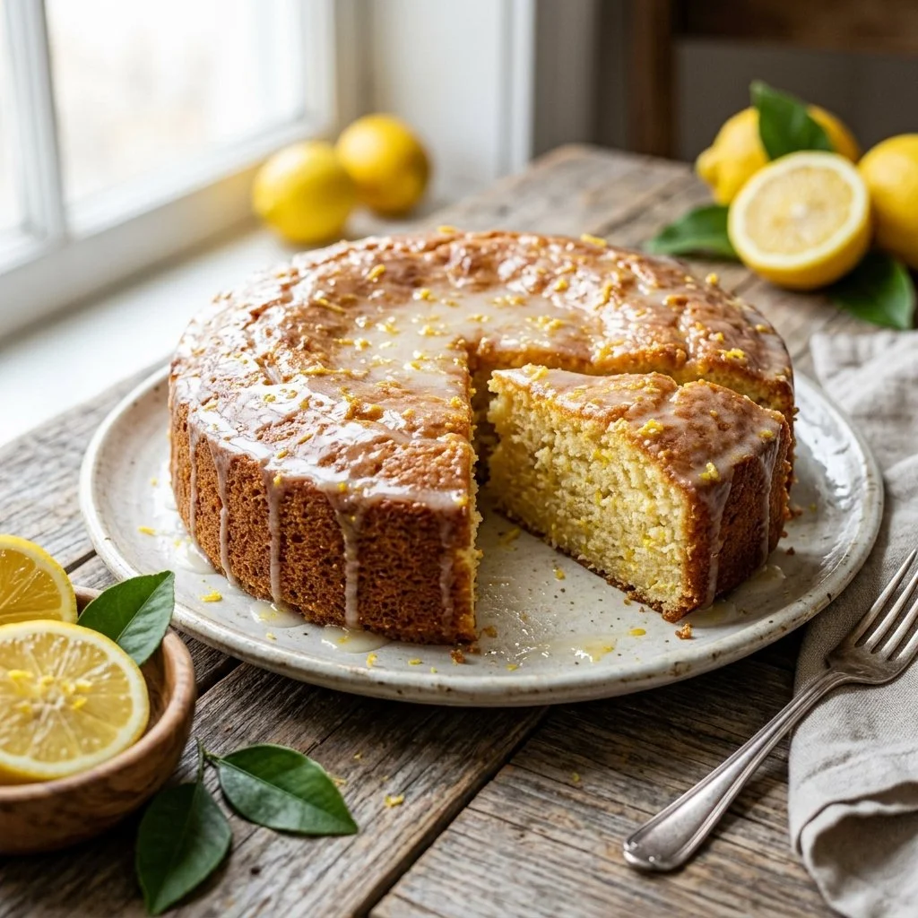 Deliciously moist Italian Lemon Ricotta Cake topped with lemon zest and powdered sugar