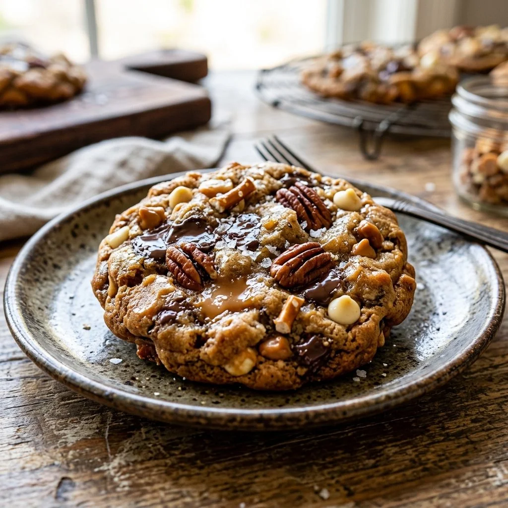 Delicious kitchen sink cookies with diverse ingredients on a rustic wooden table.