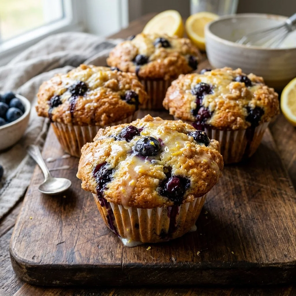 Baked lemon blueberry muffin with fresh blueberries and lemon zest