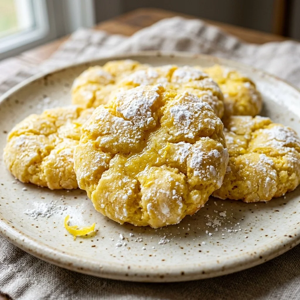Lemon Crinkle Cookies dusted with powdered sugar on a plate