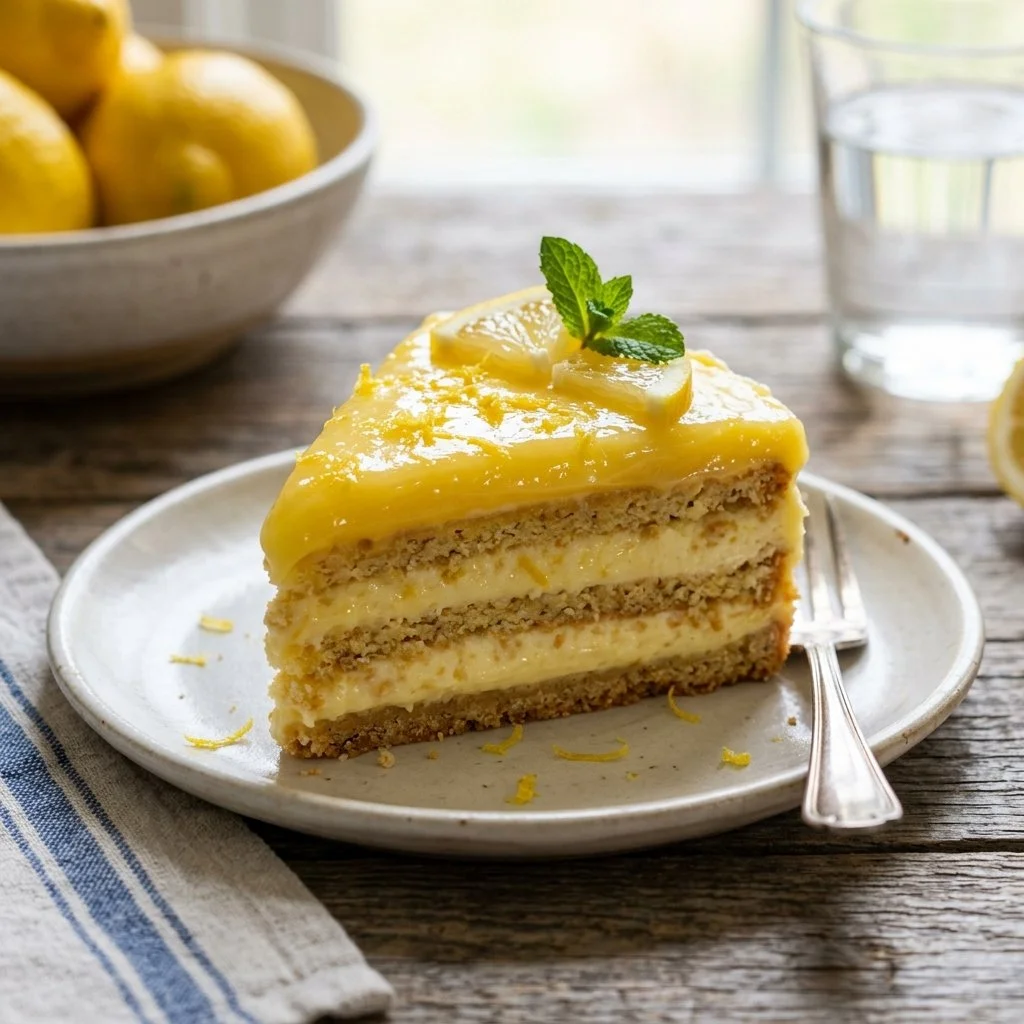 Delicious Lemon Icebox Cake topped with lemon slices and whipped cream