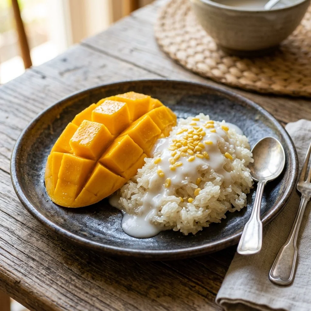 Delicious Mango Sticky Rice served with coconut sauce and ripe mango slices