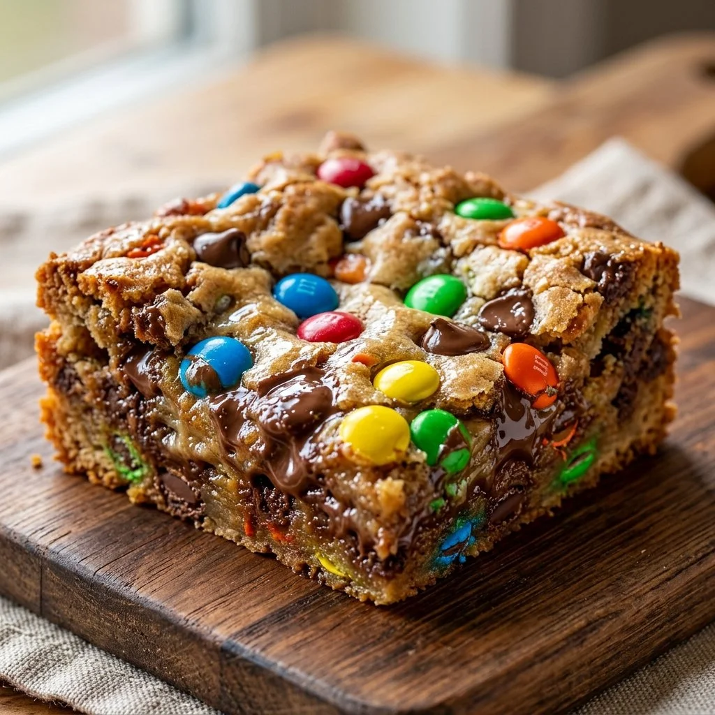 Homemade M&M Cookie Bars with colorful candy pieces