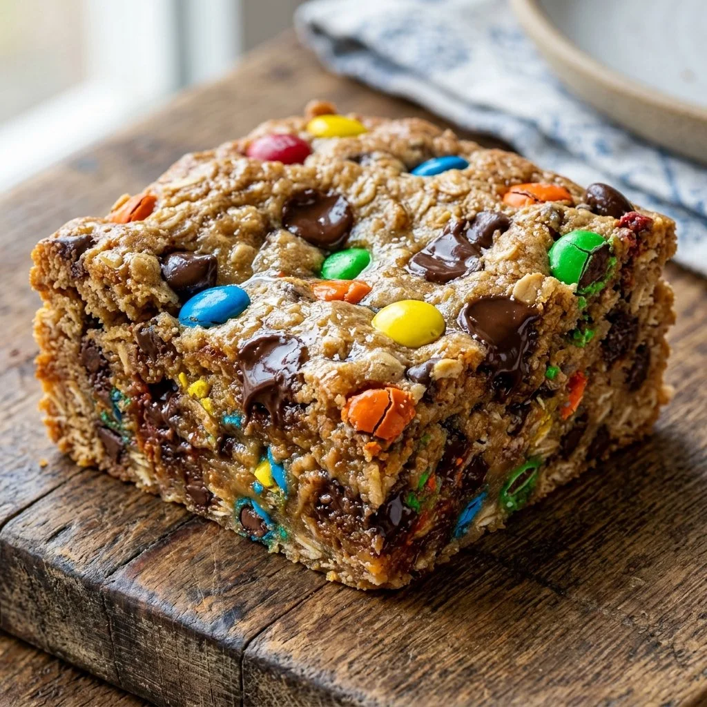 Delicious homemade Monster Cookie Bars with chocolate chips and M&Ms.