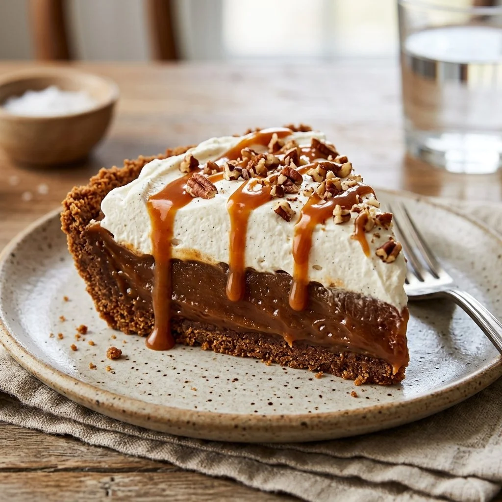 Delicious no-bake caramel pie with a rich caramel topping and crust.