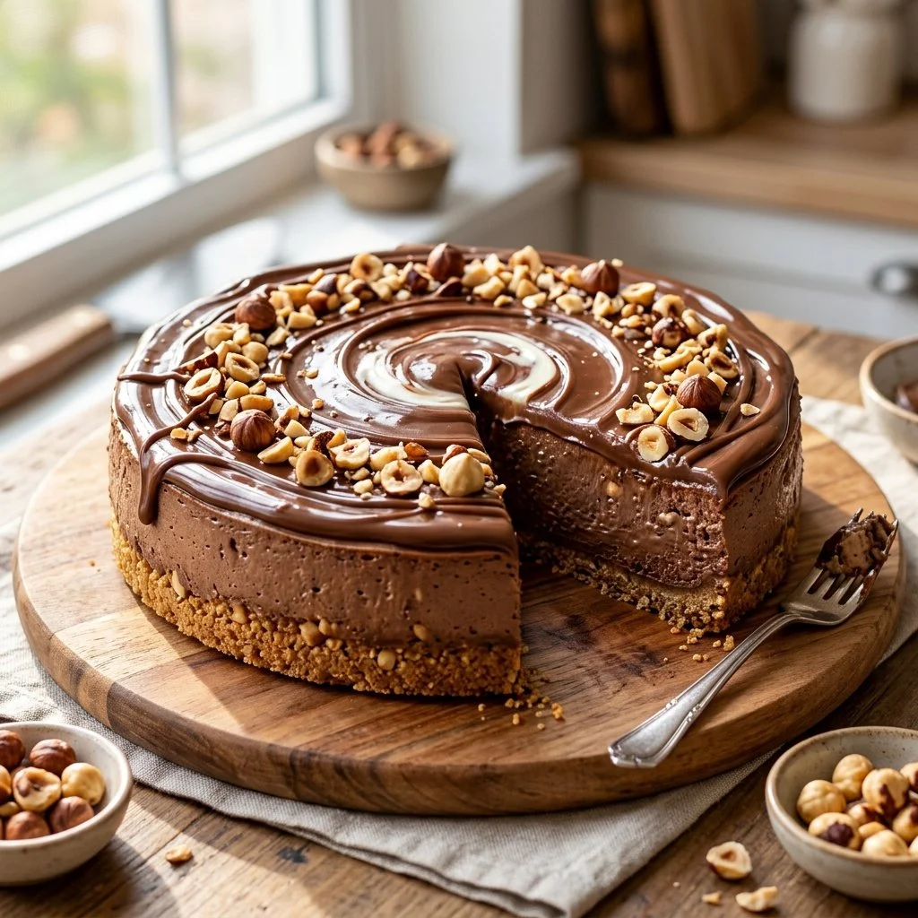 Delicious no-bake Nutella cheesecake topped with chocolate shavings and hazelnuts
