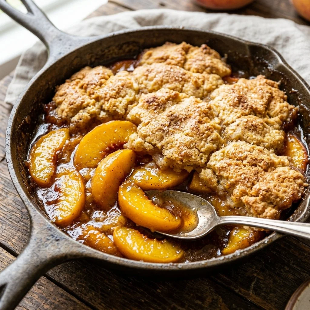 Delicious homemade peach cobbler served in a rustic dish.
