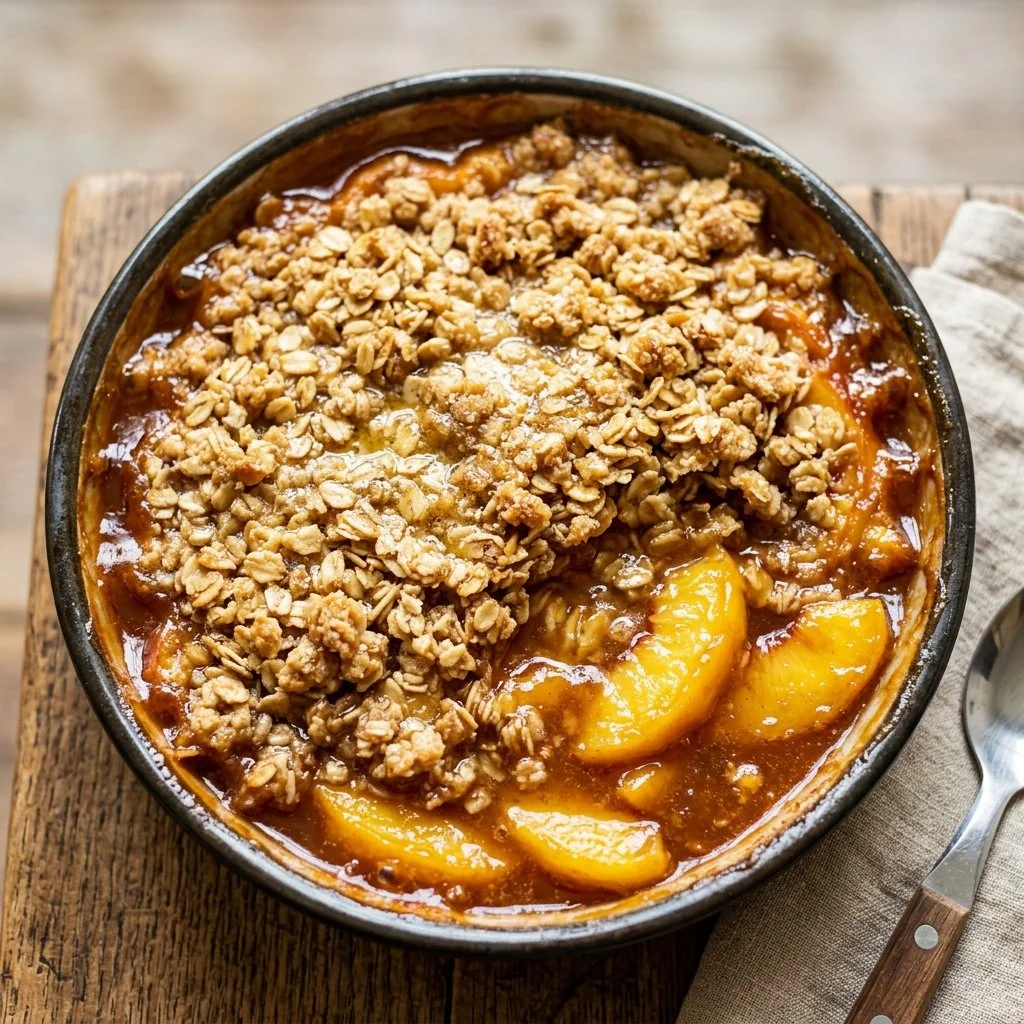 Delicious homemade peach crisp dessert with a golden oat topping