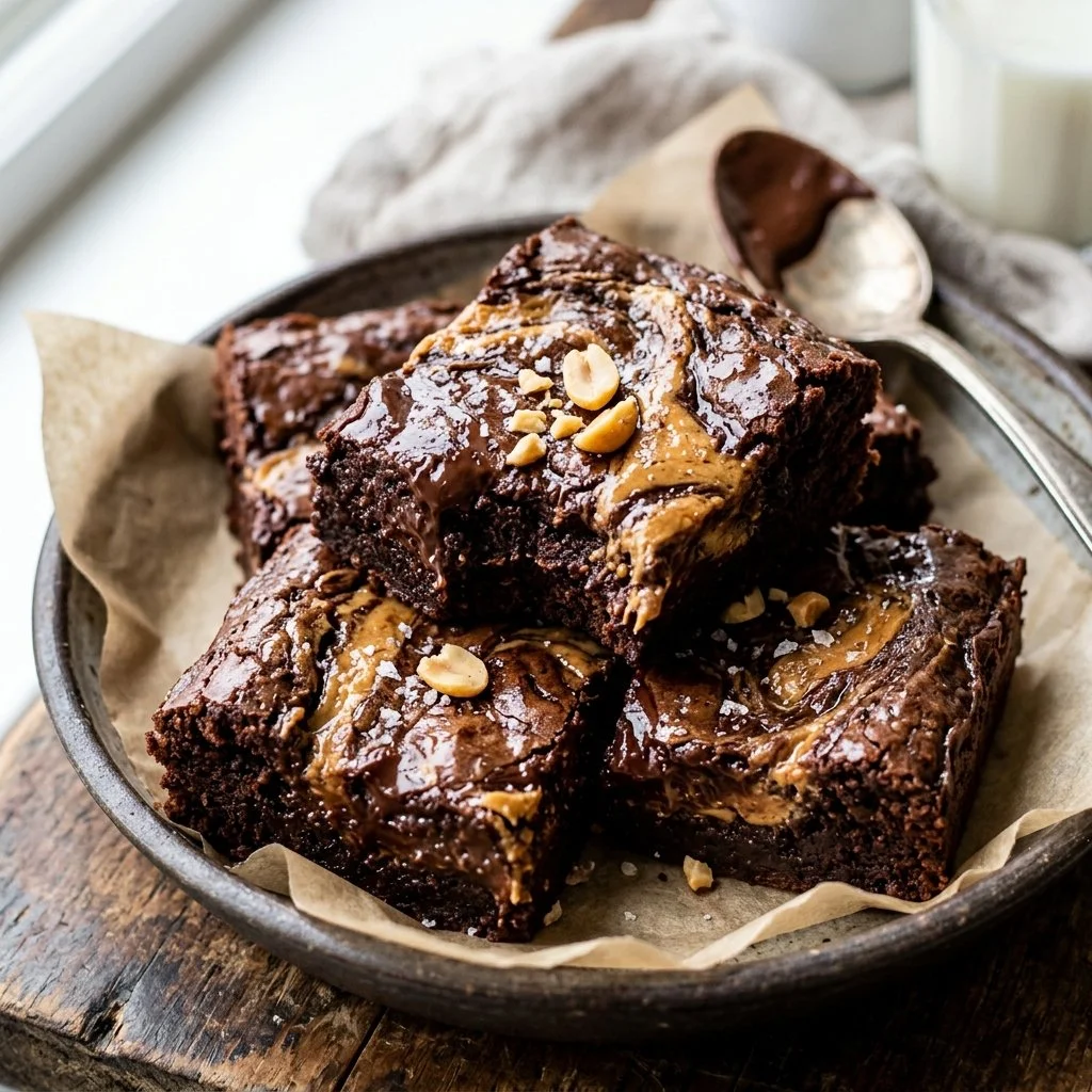 Delicious homemade Peanut Butter Brownies with chocolate ganache
