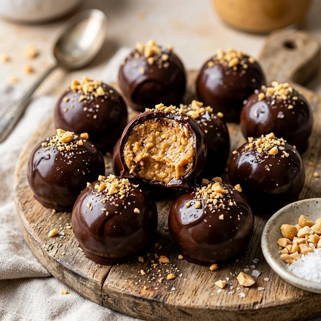 Delicious homemade Peanut Butter Truffles on a white plate