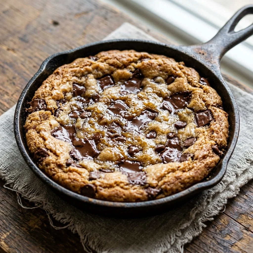 Warm Pizookie dessert served in a skillet, topped with ice cream.