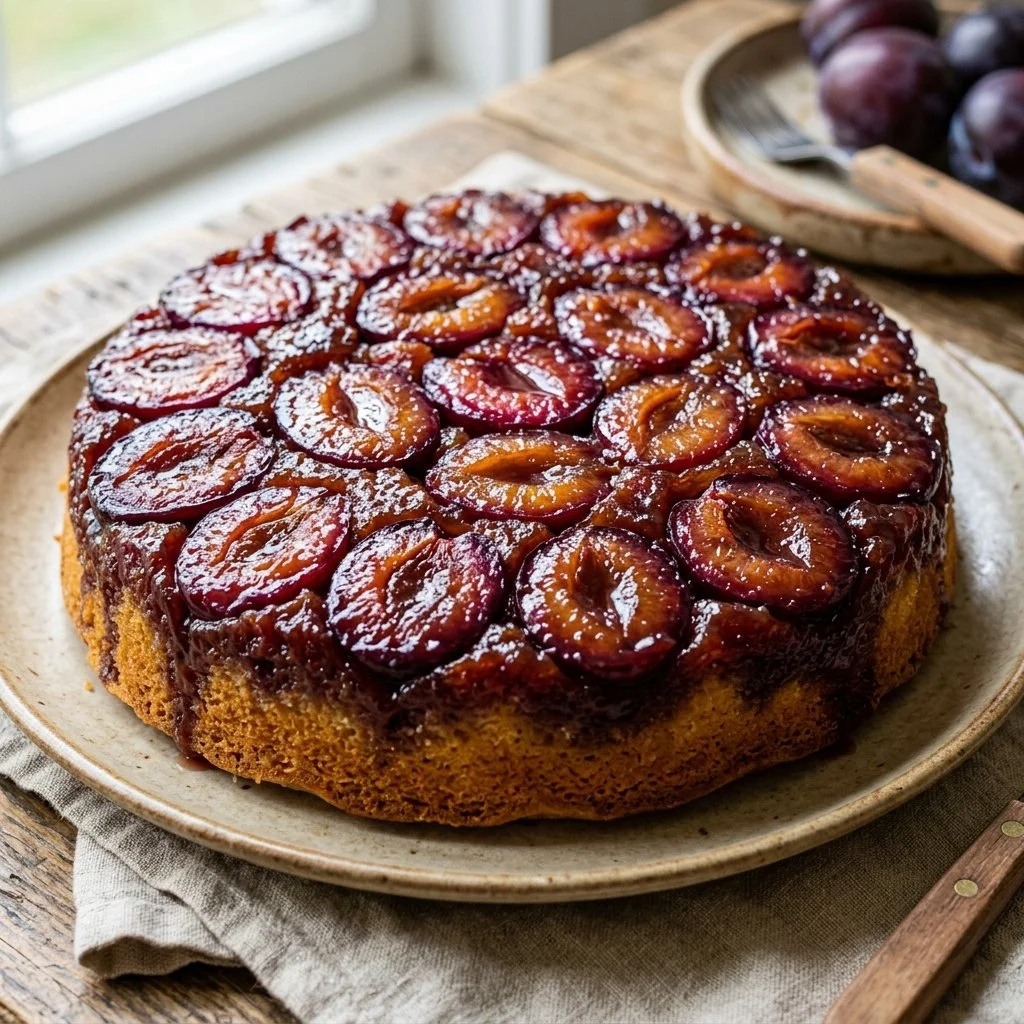 Delicious Plum Upside-Down Cake with caramelized plums on top