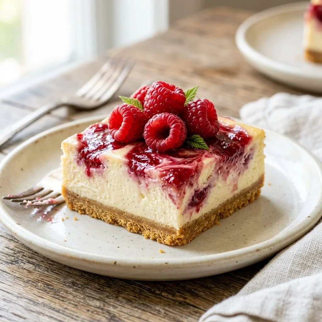 Raspberry Cheesecake Bars topped with fresh raspberries and cream cheese