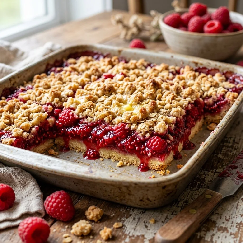 Delicious raspberry crumble bars freshly baked on a cooling rack.