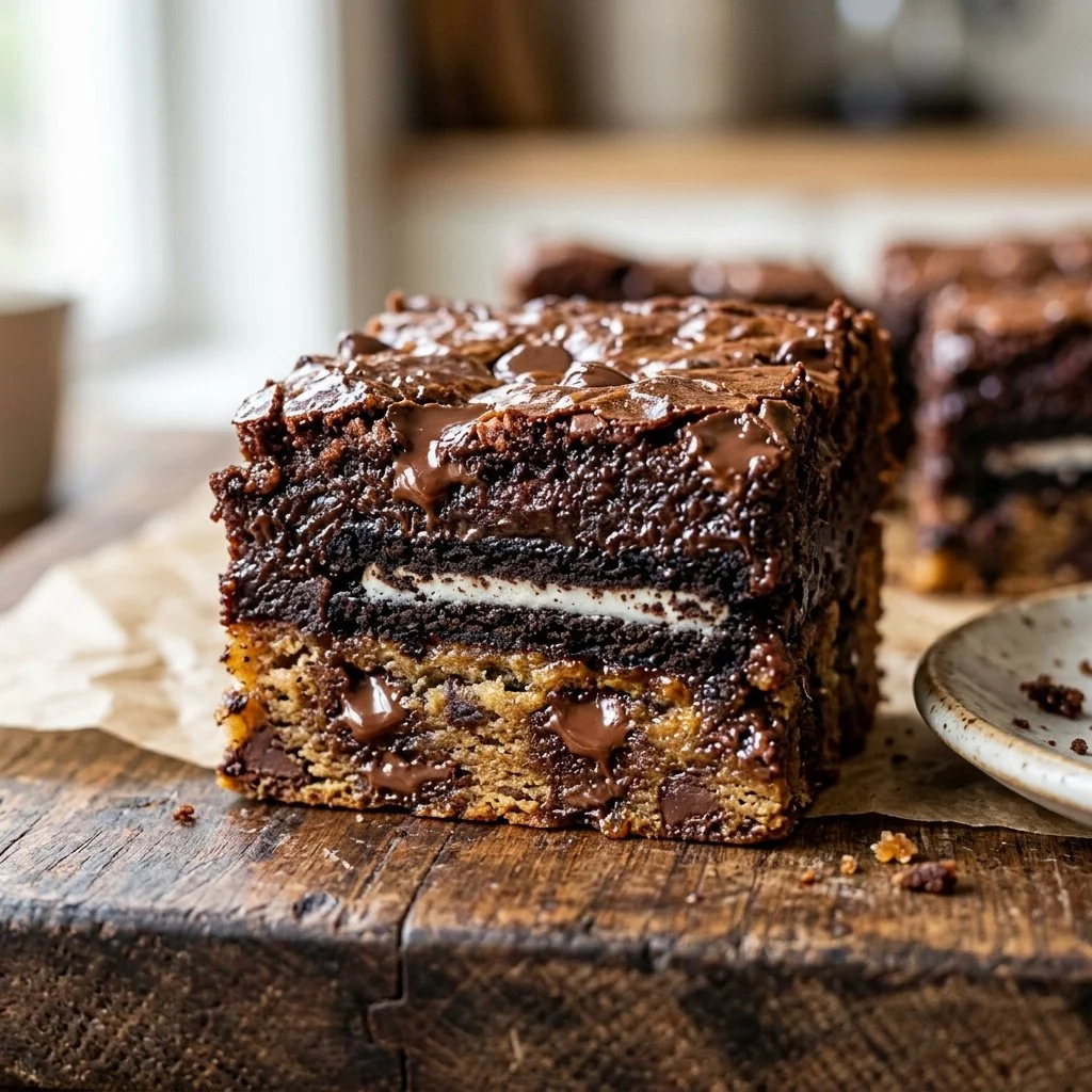 Delicious slutty brownies with layers of brownie, cookie dough, and Oreo cookies.