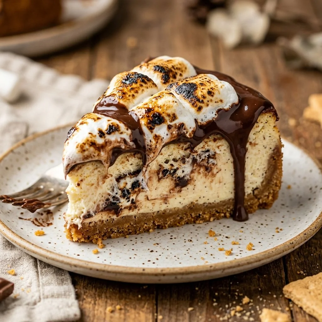 Delicious S'mores Cheesecake with chocolate, marshmallow, and graham cracker crust.