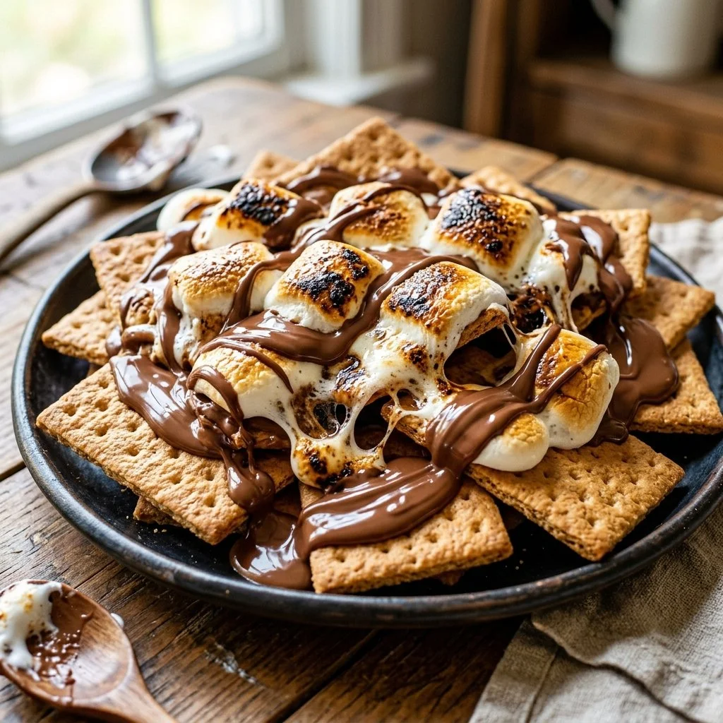 Delicious S'mores Nachos topped with chocolate, marshmallows, and graham crackers
