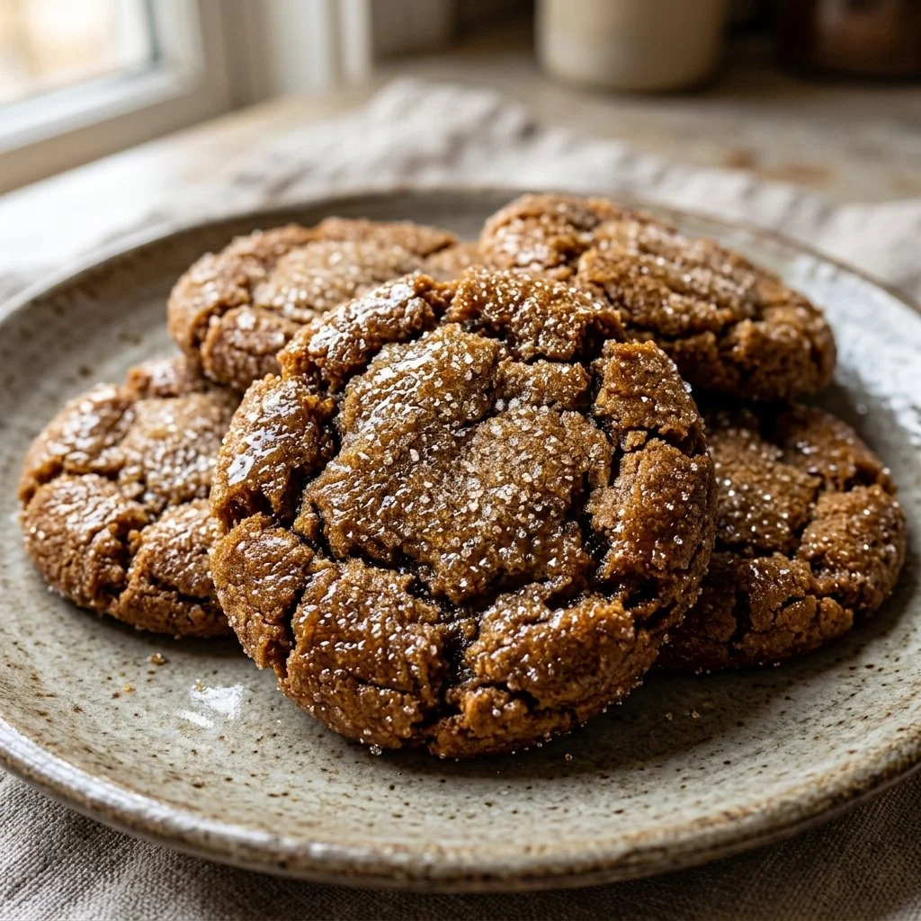 Freshly baked soft ginger cookies on a cooling rack.