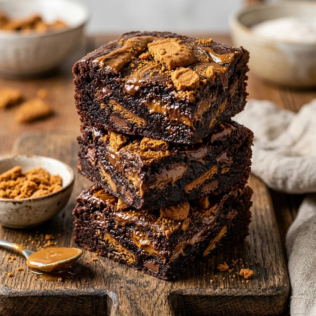 Delicious Speculoos Brownies topped with cookie crumbs on a wooden table