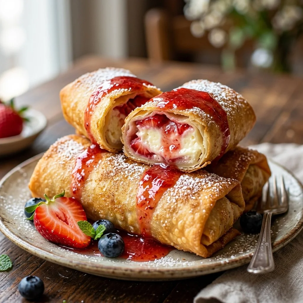 Strawberry cheesecake chimichangas served with fresh strawberries on a plate.