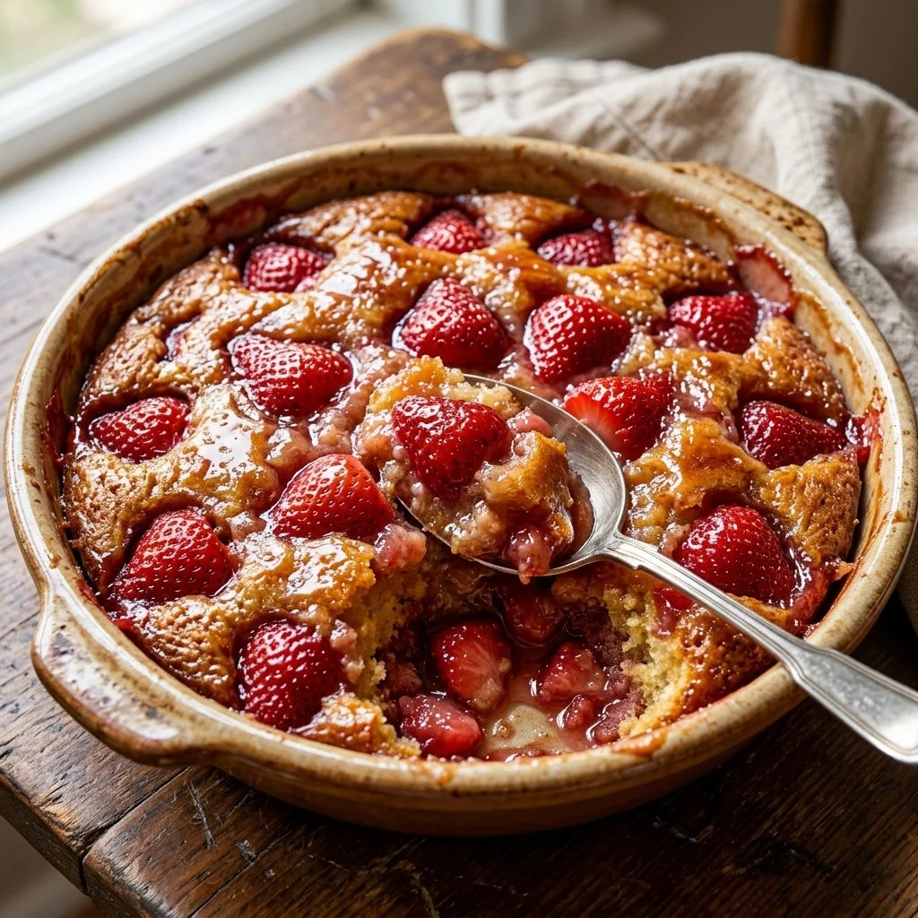 Delicious strawberry spoon cake served in a bowl with fresh strawberries on top