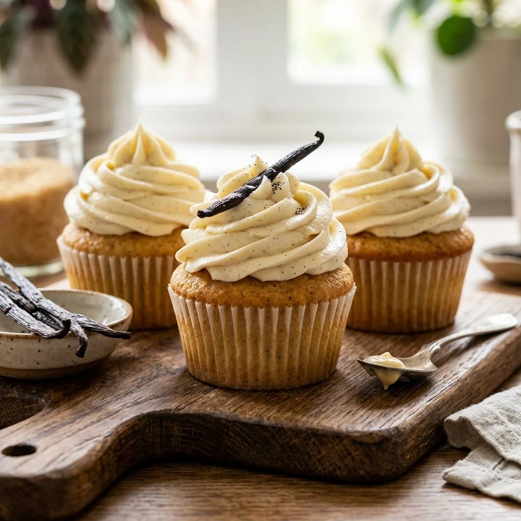 Delicious vanilla bean cupcakes topped with creamy frosting