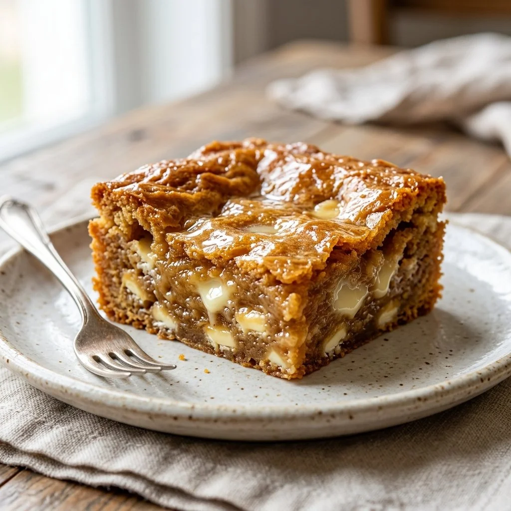 Delicious white chocolate blondies topped with chocolate chips and nuts